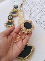 Bottle green long motimala necklace earrings bracelet and tika set