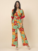 Women Floral printed  V- neckline, regular half sleeves with frilly lace Polyester Co-ord Sets