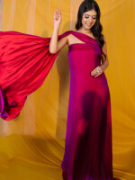 Dual toned ,Purple Malai silk Drape Dress ,the dress flaunts sleeveless, elasticized fitting with side zipper closure. 