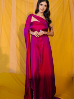 Dual toned ,Purple Malai silk Drape Dress ,the dress flaunts sleeveless, elasticized fitting with side zipper closure. 