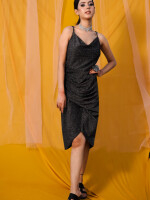 Black ,Cowl Neck Party Dress, Stretch Knit Fabric,Front gathered overlap  at the bottom and side zip for closure.