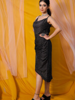 Black ,Cowl Neck Party Dress, Stretch Knit Fabric,Front gathered overlap  at the bottom and side zip for closure.