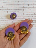 Stunning purple golden round studs earrings with adjustable ring set