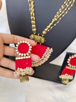 Red kundan and beads necklace earrings set