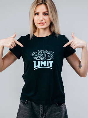Women's Round Neck Black Half sleeve "Sky's the limit" Printed Cotton T-shirt- DDTSW-28