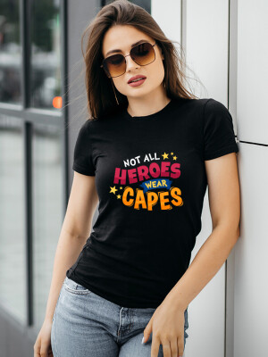 Women's Round Neck Black Half sleeve "Not all Heroes wear Capes" Printed Cotton T-shirt- DDTSW-30
