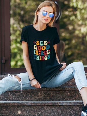 Women's Round Neck Black Half sleeve "See good in all things" Printed Cotton T-shirt- DDTSW-32