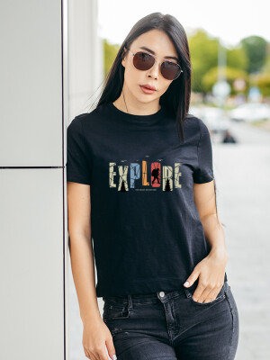Women's Round Neck Black Half sleeve "Explore" Printed Cotton T-shirt- DDTSW-35