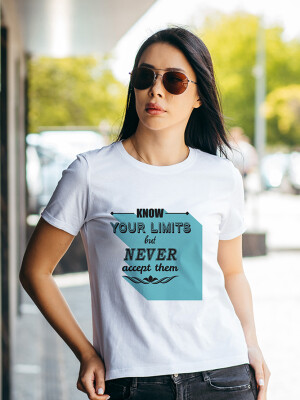 Women's Round Neck White "Know your limits but never Accept them" Printed Cotton T-shirt- DDTSW-16