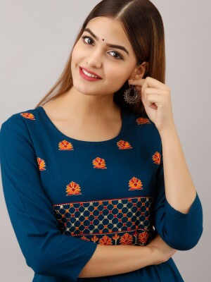 Women's Solid Dyed Rayon Designer Embroidered A-Line Kurta - KR022BLUE