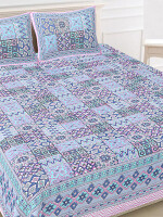 Blue & Pink Jaipuri print cotton king 90 by 108 floral bedsheet with 2 pillow covers