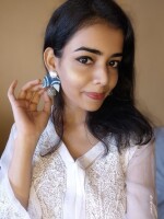 Rainvas Blue printed fabric lotus charm jhumka earrings