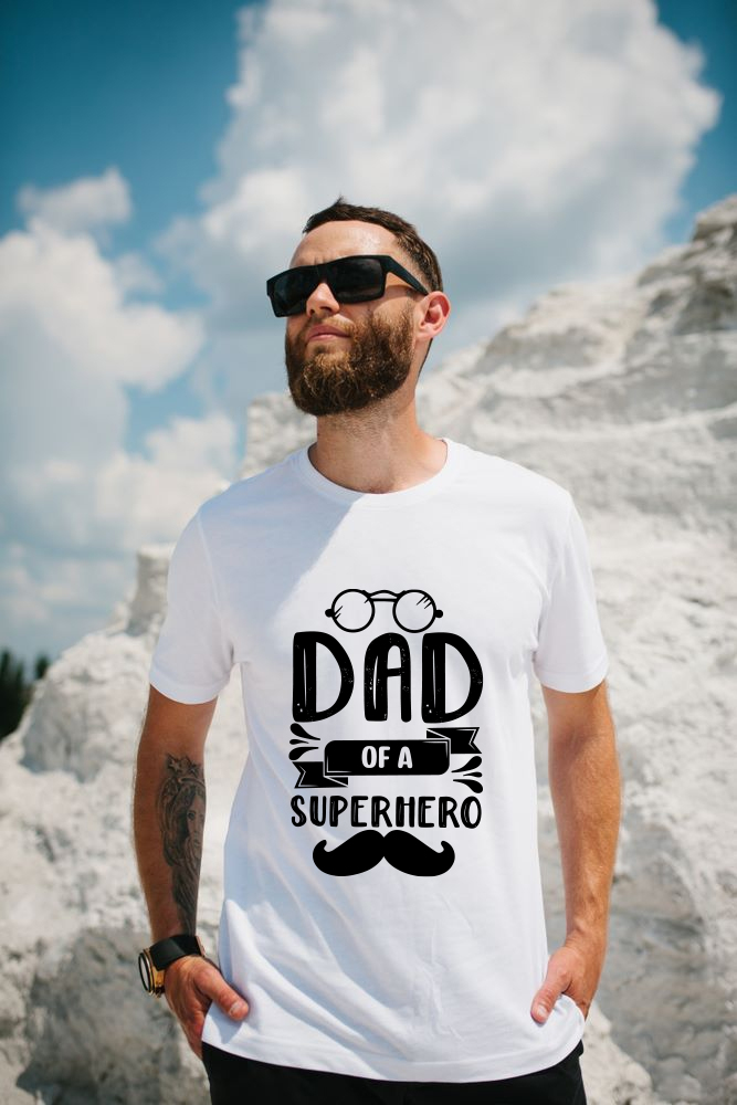 Men's Round Neck White Father and Son Fishing Printed Cotton T-shirt