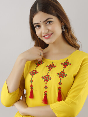 Women's Solid Dyed Rayon Designer Embroidered A-Line Kurta - KR033MUSTARD