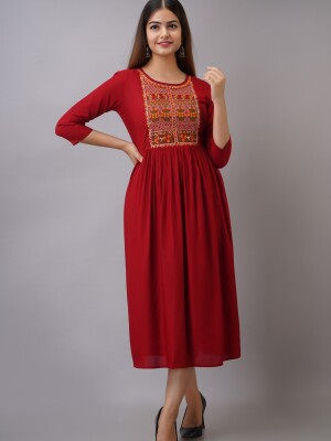 Women's Solid Dyed Rayon Designer Embroidered A-Line Kurta - KR035MAROON