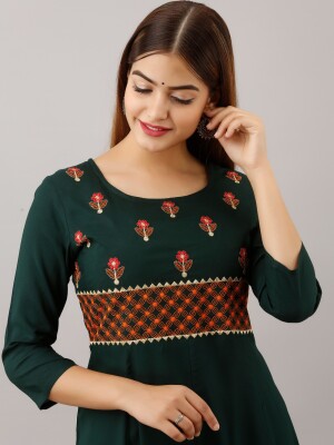 Women's Solid Dyed Rayon Designer Embroidered A-Line Kurta - KR053GREEN