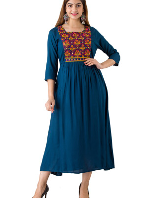Women's Solid Dyed Rayon Designer Embroidered A-Line Kurta - KR085BLUE