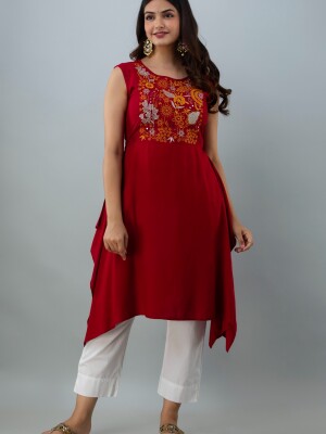 Women's Solid Dyed Rayon Designer Embroidered A-Line Kurta - KR0100MAROON