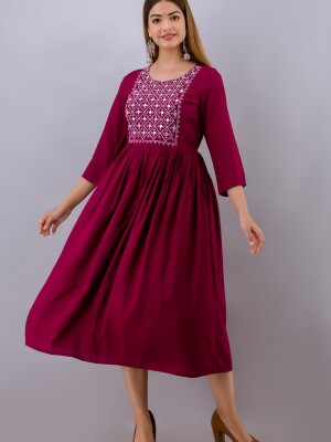 Women's Solid Dyed Rayon Designer Embroidered A-Line Kurta - KR065WINE