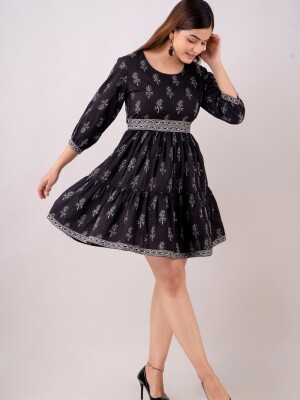 Women's Pure Cotton Designer Printed Dress-(Black)-DR4002BLACK