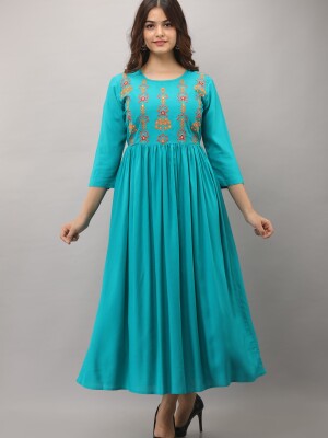 Women's Solid Dyed Rayon Designer Embroidered A-Line Kurta - KR005TURQUOISE