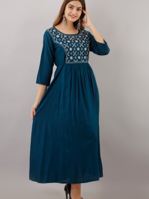 Women's Solid Dyed Rayon Designer Embroidered A-Line Kurta - KR016BLUE