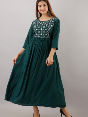 Women's Solid Dyed Rayon Designer Embroidered A-Line Kurta - KR016GREEN