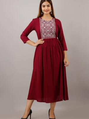 Women's Solid Dyed Rayon Designer Embroidered A-Line Kurta - KR047MAROON
