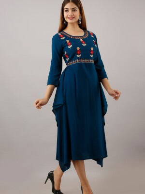 Women's Solid Dyed Rayon Designer Embroidered A-Line Kurta - KR052BLUE