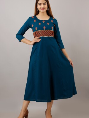Women's Solid Dyed Rayon Designer Embroidered A-Line Kurta - KR053BLUE