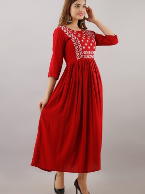Women's Solid Dyed Rayon Designer Embroidered A-Line Kurta - KR015RED