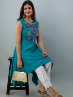 Women's Solid Dyed Rayon Designer Embroidered A-Line Kurta - KR0100TURQUOISE