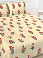 Cream floral Jaipuri Print Cotton king 90 by 108 Bedsheet with two big size pillow cover BS-84