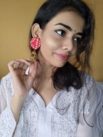 Rainvas Red bandhani print golden jhumka earrings