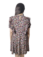 Round Neck, Black Floral Printed Dress , ruffle sleeves with back button closure