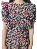 Round Neck, Black Floral Printed Dress , ruffle sleeves with back button closure