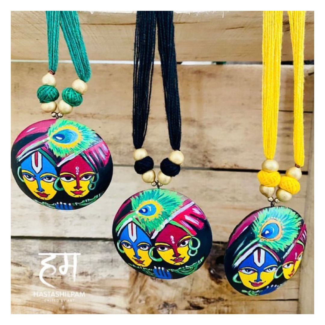 Radha Krishna Yugal Handpainted Necklace Set, Handmade earrings and handmade  necklace, Fabric Jewellery