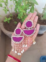 Rainvas Violet kundan jhumka with pearls chain earrings