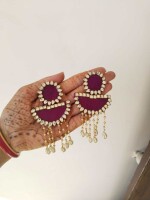 Rainvas Violet kundan jhumka with pearls chain earrings