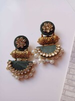 Rainvas green kundan and pearls heavy jhumka earrings