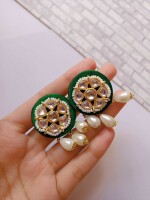 Rainvas green round kundan beads and white pearls tiny earrings