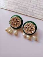 Rainvas green round kundan beads and white pearls tiny earrings