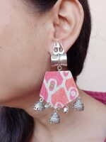 Rainvas orange printed floral trishul charm earrings