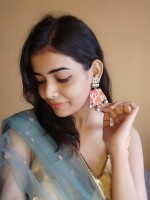 Rainvas orange printed floral trishul charm earrings