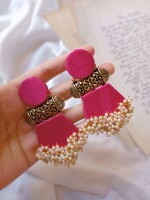 Rainvas Pink and golden beaded long jhumka earrings