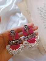 Rainvas Pink Ganpati beaded fabric earrings