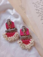 Rainvas Pink Ganpati beaded fabric earrings