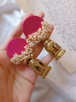 Rainvas Pink beaded earrings with golden temple bottom