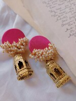 Rainvas Pink beaded earrings with golden temple bottom