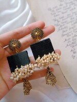 Rainvas Dark Green beaded long jhumka earrings